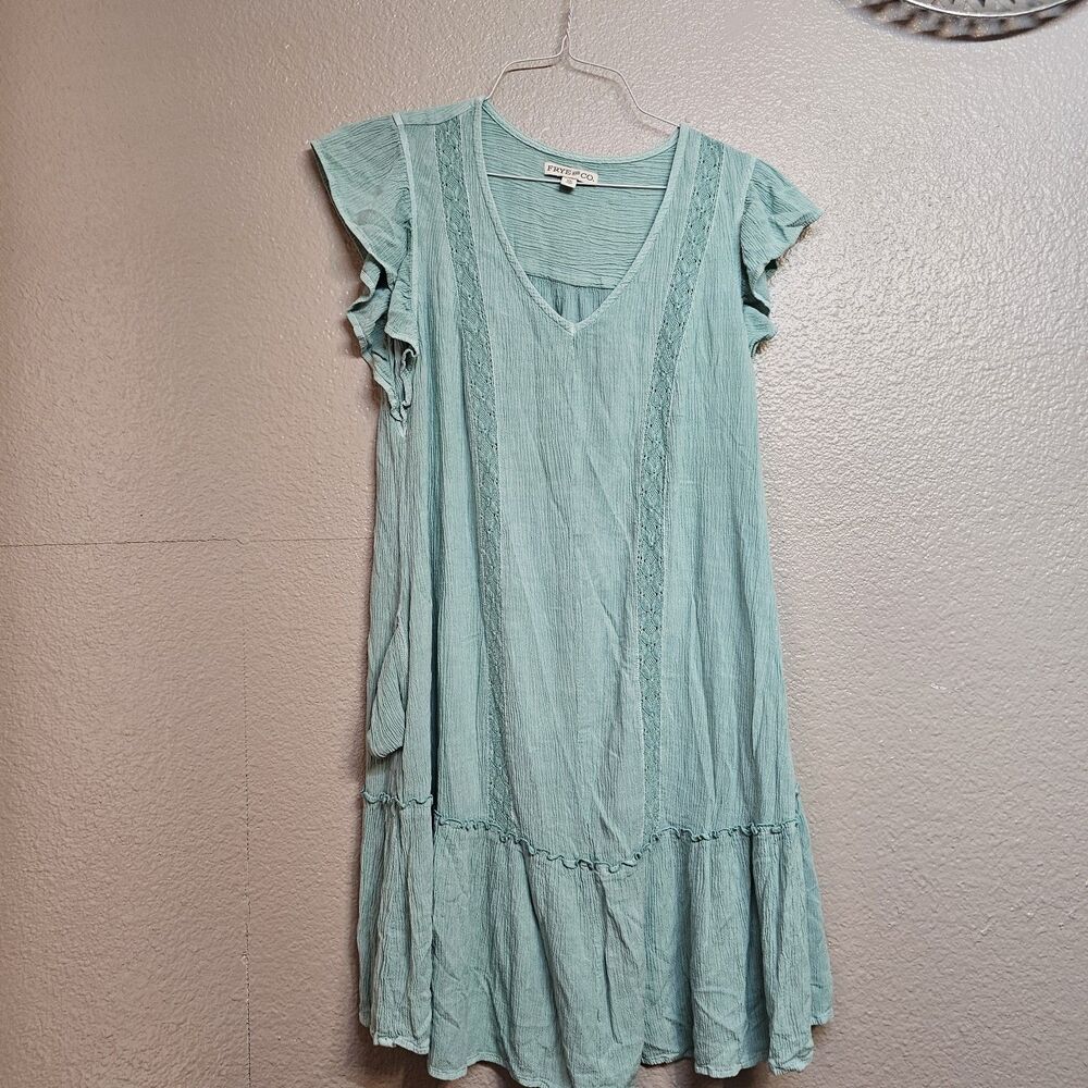Frye & Co. XS Sage Green Crinkle Gauze Boho Dress Flutter Sleeve Lace Trim FF799